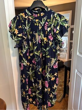 crown & ivy Navy Tropical Floral Ruffle-Sleeve Mini Dress